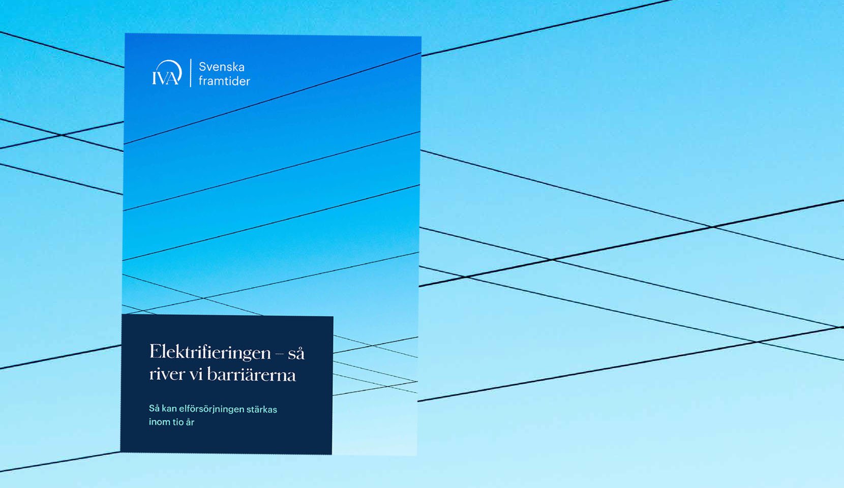 rapportomslag mot blå himmel med elledningar