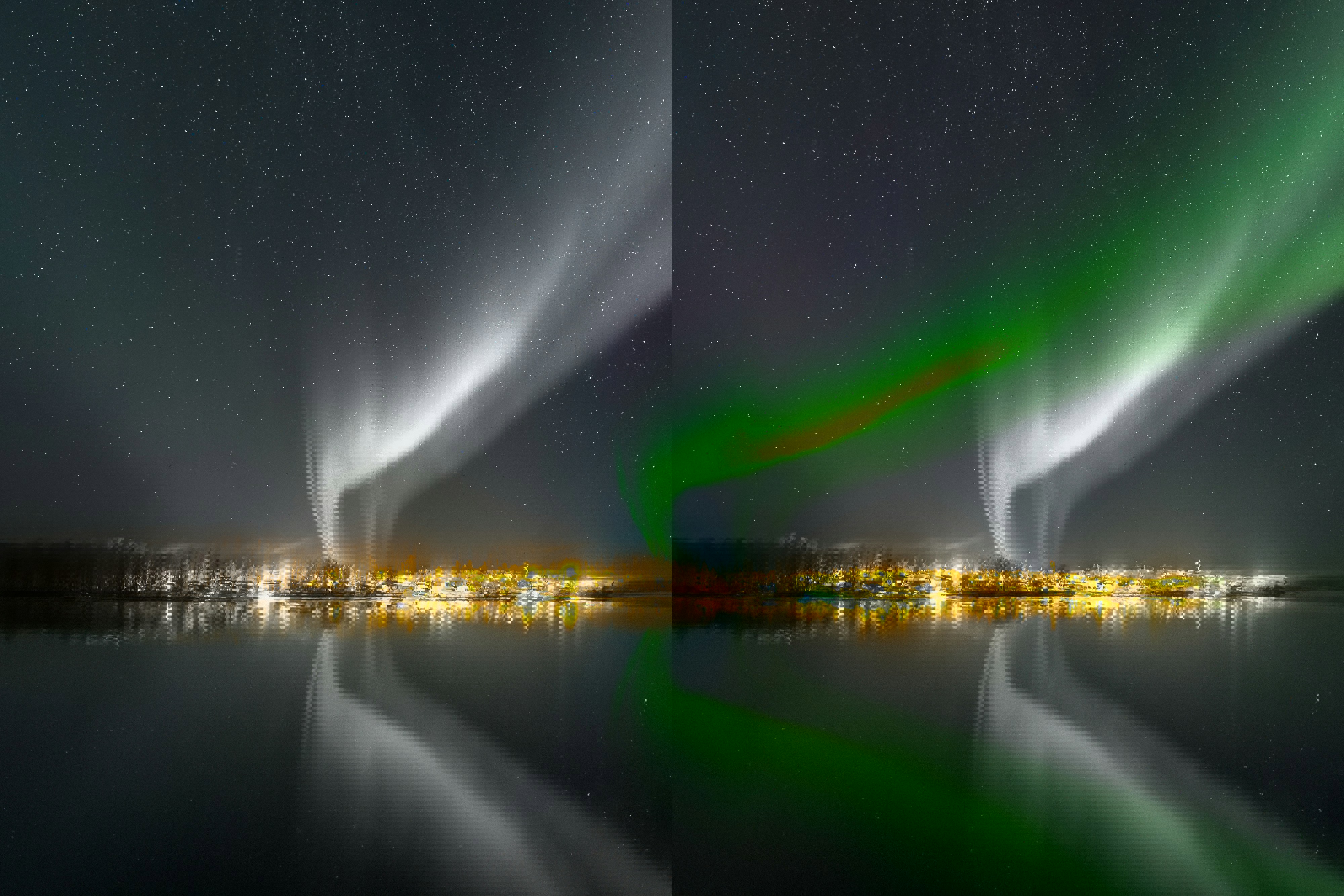 norrsken och stadsljus i mörker