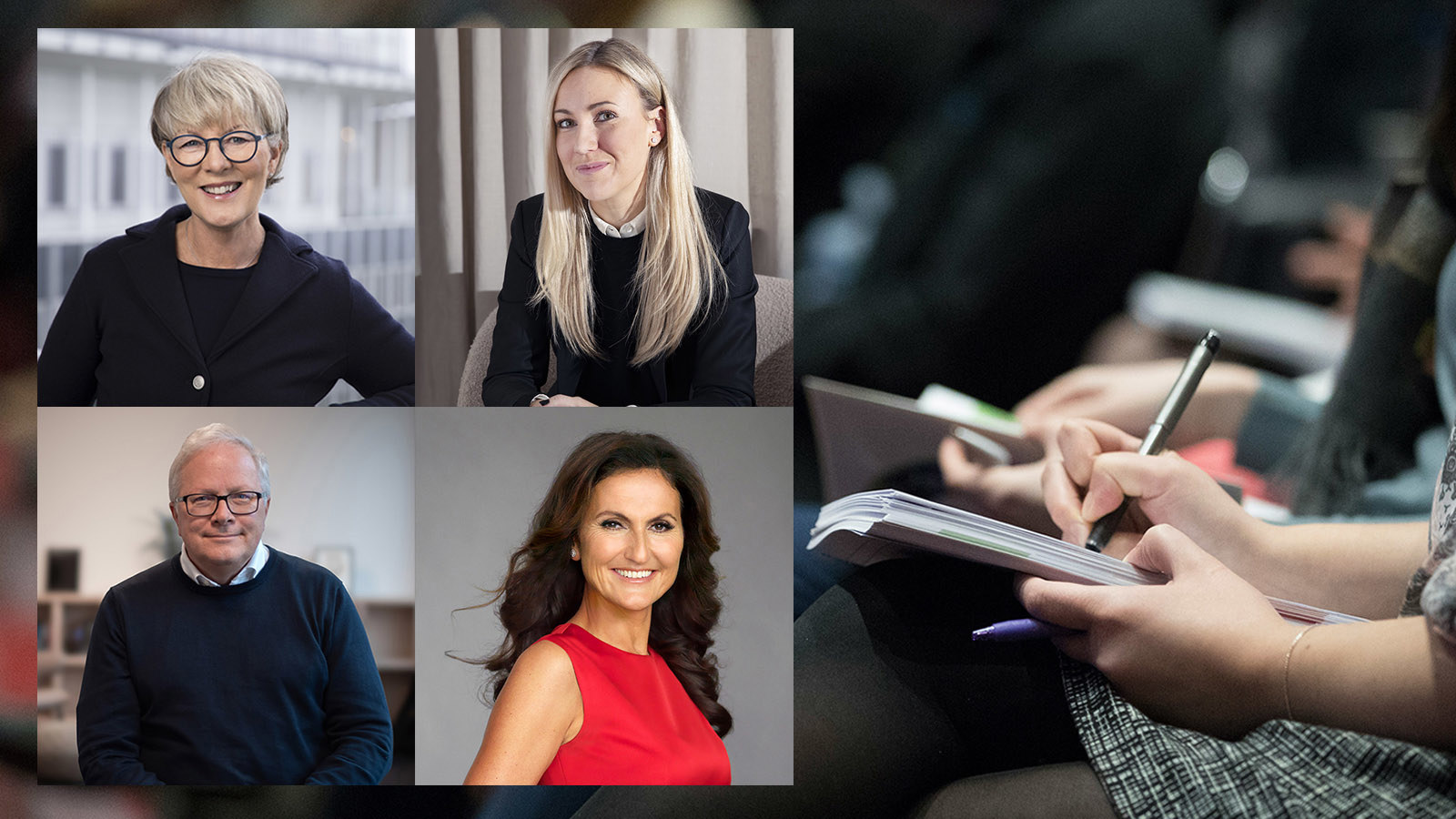 porträtt fyra personer och händer som skriver anteckningar