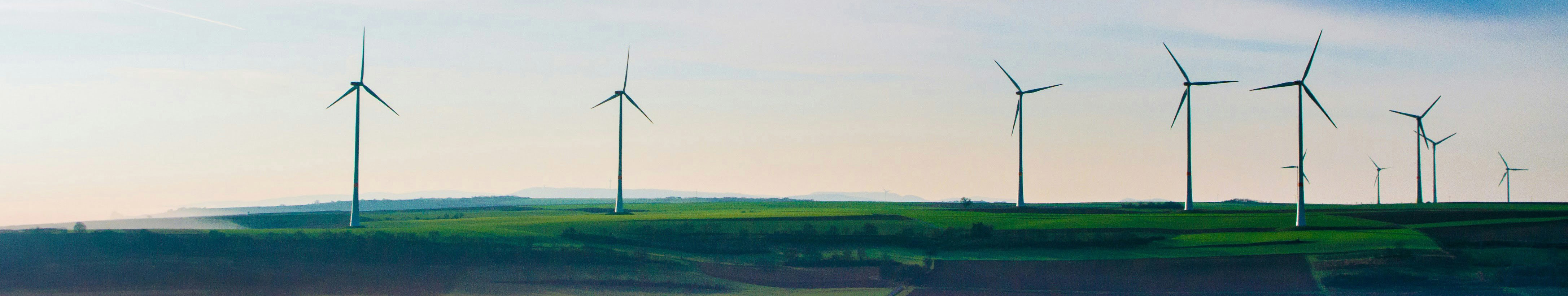 rad av vindkraftverk på grönt fält